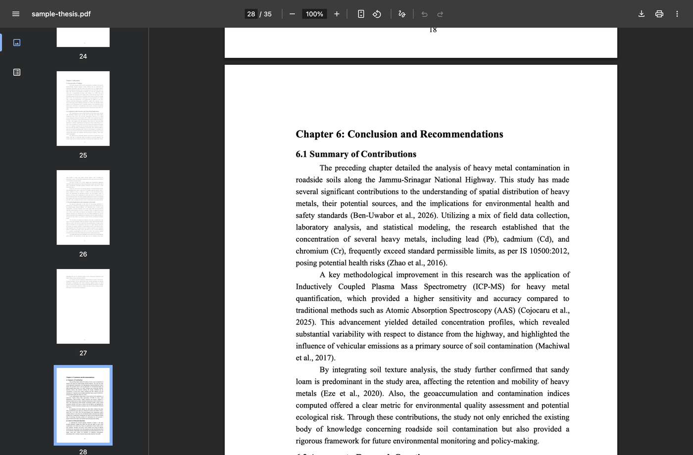 A screenshot of the published sample thesis open in a PDF viewer at page 28 of
                    35: Chapter 6, Conclusion and Recommendations, with numbered subsections,
                    justified prose and in-text citations, and the document's page thumbnails
                    listed down the side.
